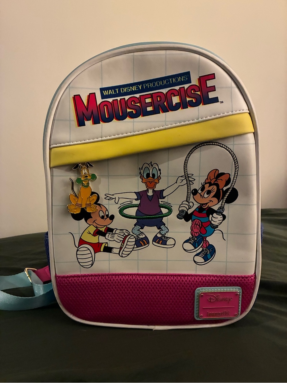 Disney Loungefly  Mousercise Mini Backpack – White, Pink, Yellow